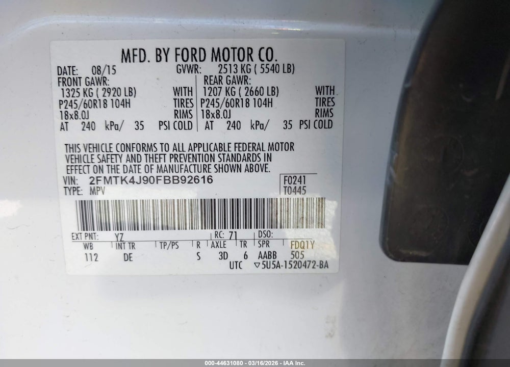 2015 FORD EDGE SEL VIN: 2FMTK4J90FBB92616