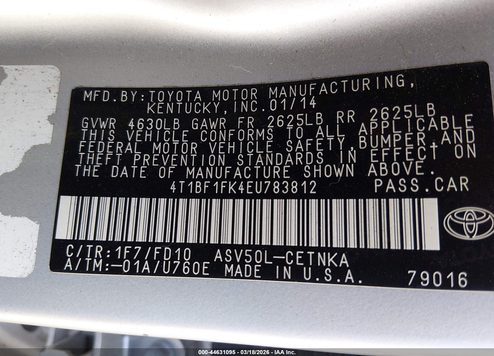 2014 TOYOTA CAMRY LE VIN: 4T1BF1FK4EU783812
