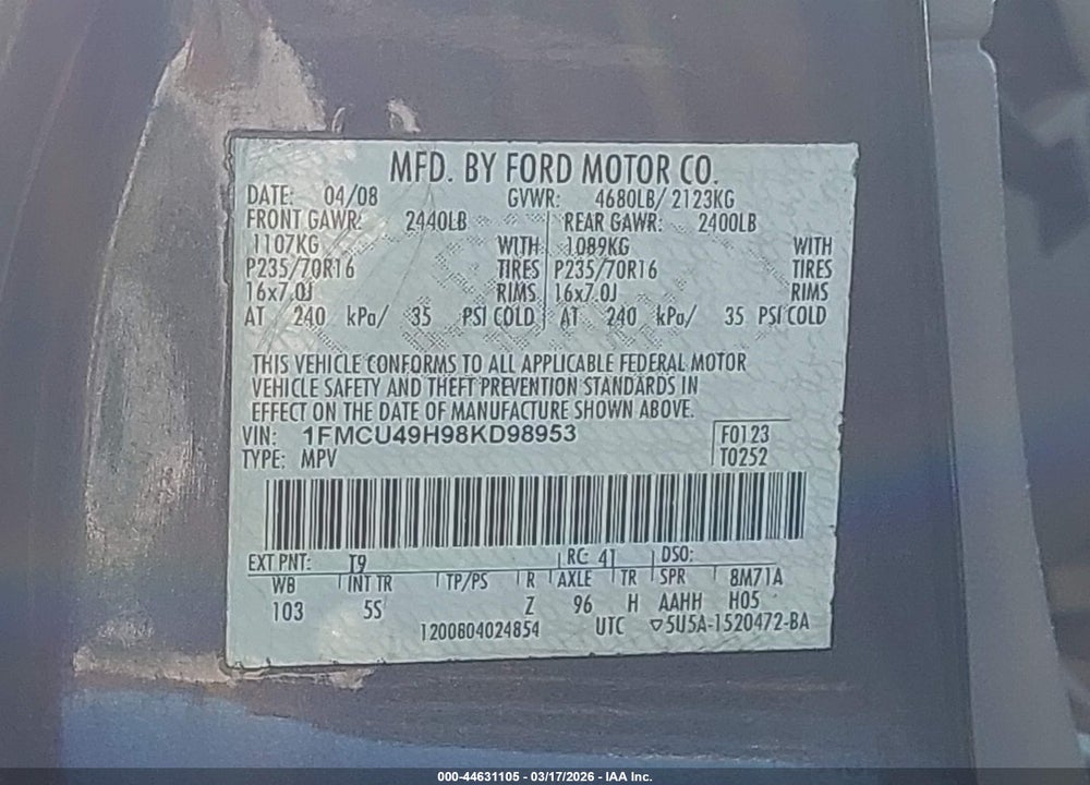 2008 FORD ESCAPE HYBRID VIN: 1FMCU49H98KD98953