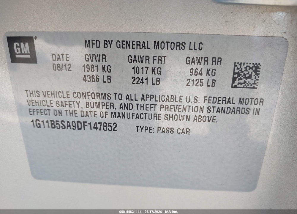 2013 CHEVROLET MALIBU 1LS VIN: 1G11B5SA9DF147852