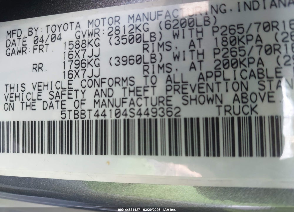 2004 TOYOTA TUNDRA SR5 V8 VIN: 5TBBT44104S449362