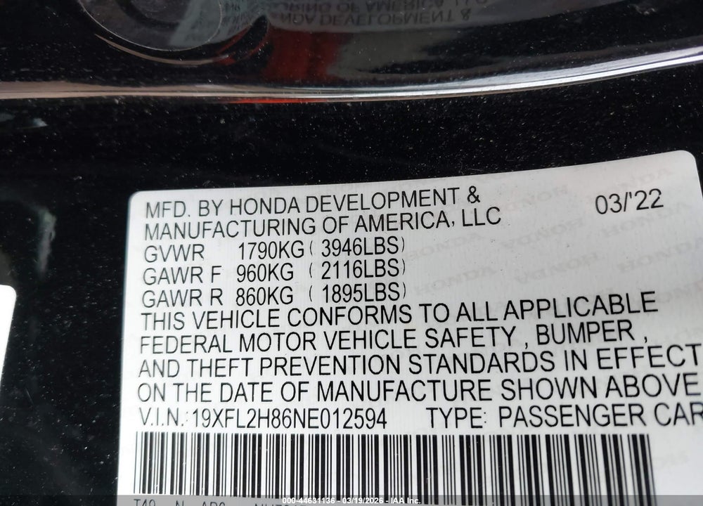 2022 HONDA CIVIC SPORT VIN: 19XFL2H86NE012594