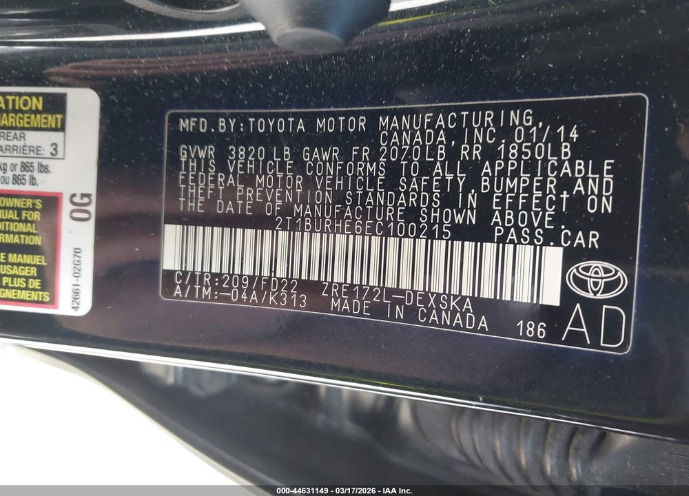 2014 TOYOTA COROLLA S VIN: 2T1BURHE6EC100215
