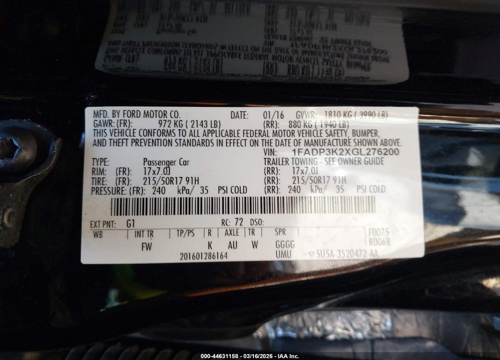 2016 FORD FOCUS SE VIN: 1FADP3K2XGL276200
