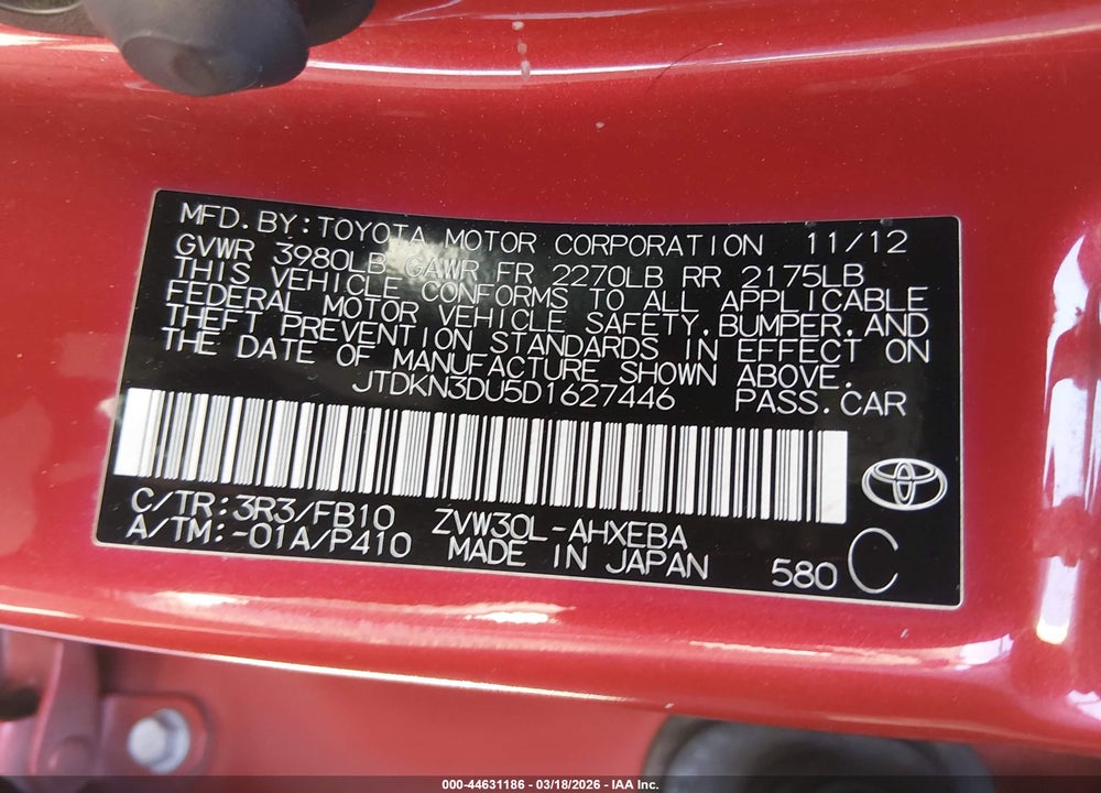 2013 TOYOTA PRIUS TWO VIN: JTDKN3DU5D1627446