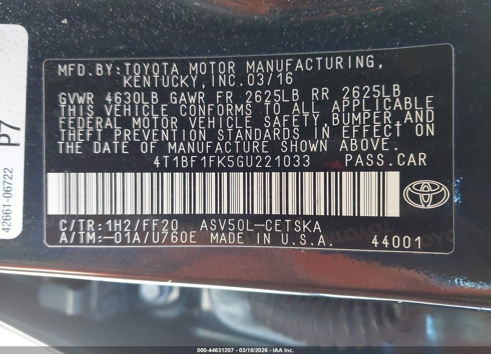 2016 TOYOTA CAMRY SE VIN: 4T1BF1FK5GU221033