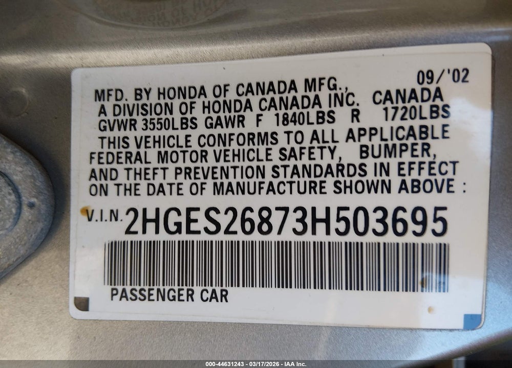 2003 HONDA CIVIC EX VIN: 2HGES26873H503695