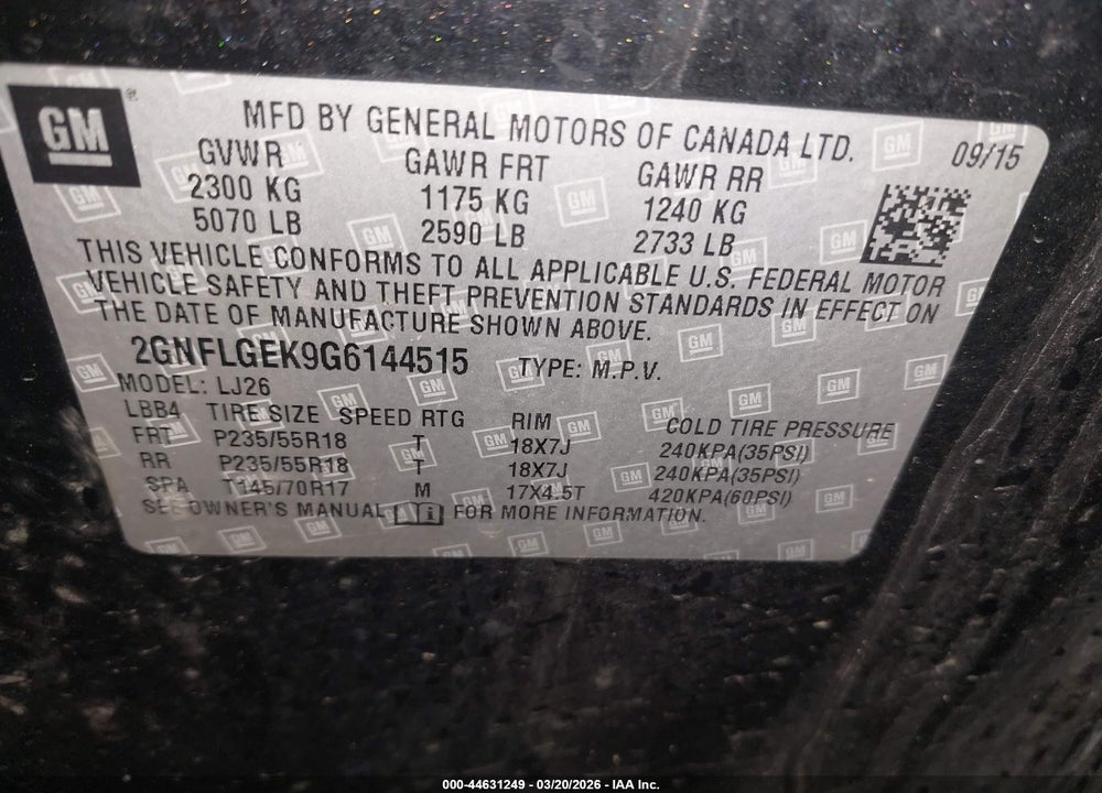 2016 CHEVROLET EQUINOX LTZ VIN: 2GNFLGEK9G6144515