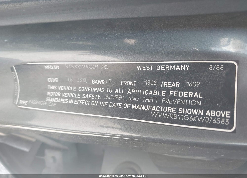 1989 VOLKSWAGEN JETTA GL VIN: WVWRB11G6KW076583