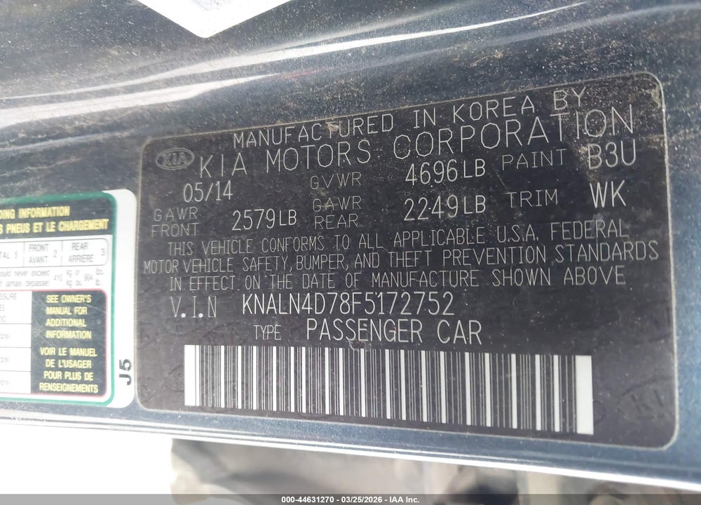 2015 KIA CADENZA PREMIUM VIN: KNALN4D78F5172752
