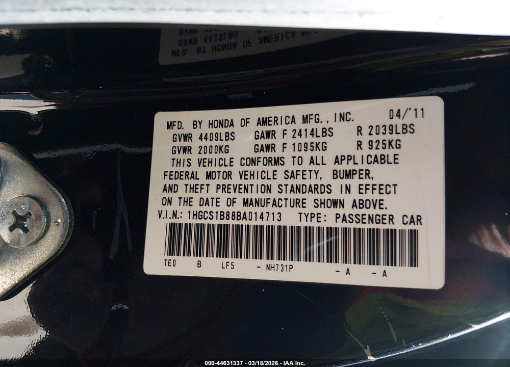 2011 HONDA ACCORD 2.4 EX-L VIN: 1HGCS1B88BA014713