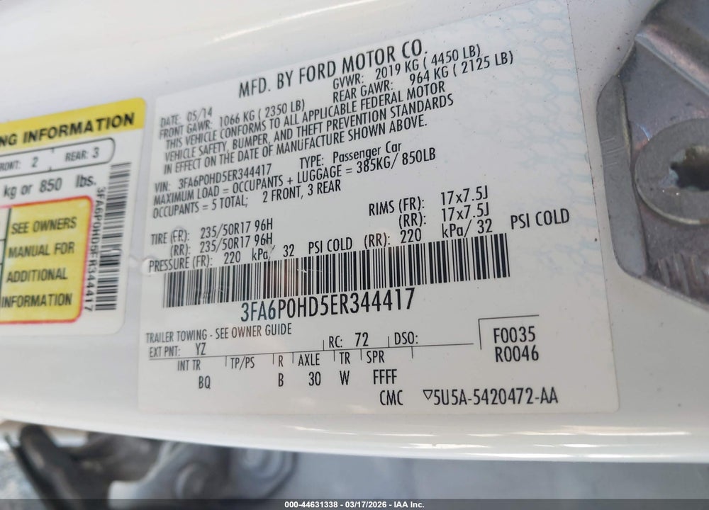 2014 FORD FUSION SE VIN: 3FA6P0HD5ER344417