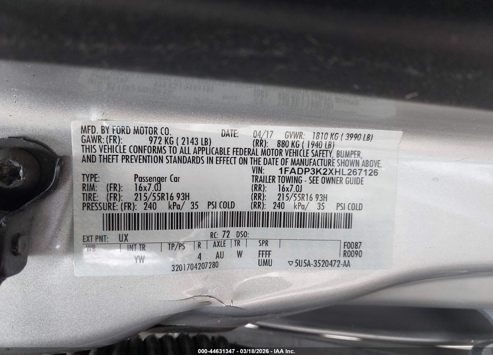2017 FORD FOCUS SE VIN: 1FADP3K2XHL267126