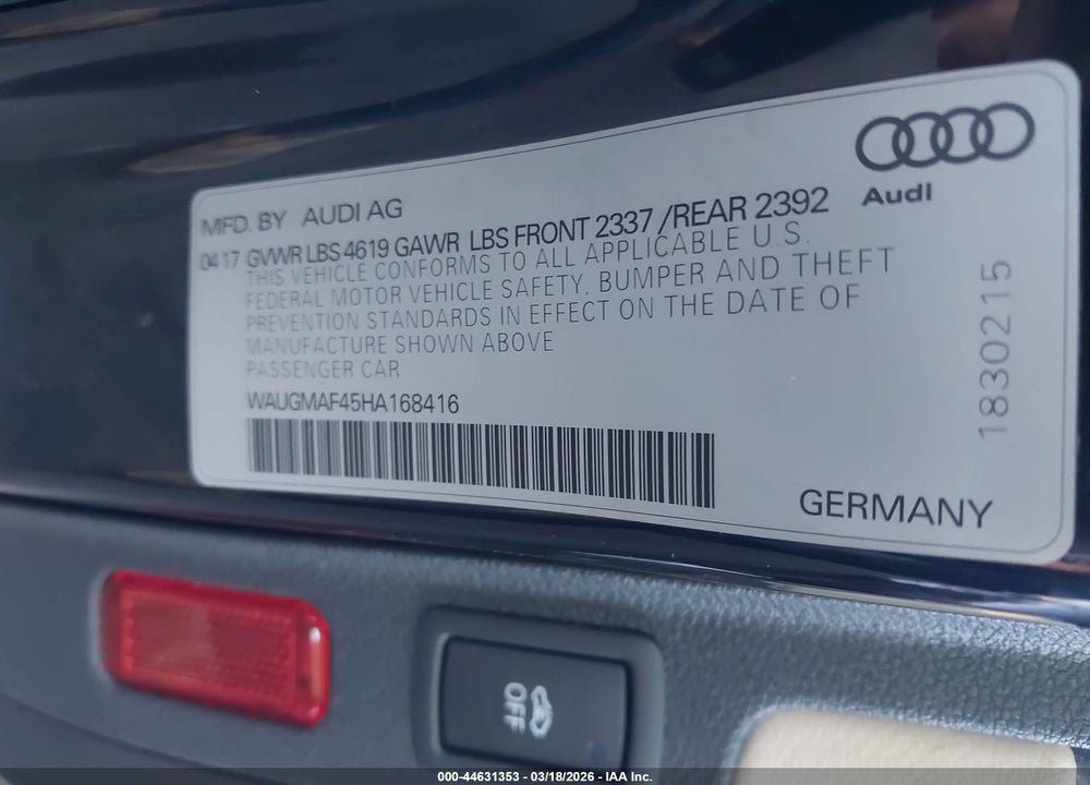 2017 AUDI A4 2.0T ULTRA PREMIUM VIN: WAUGMAF45HA168416