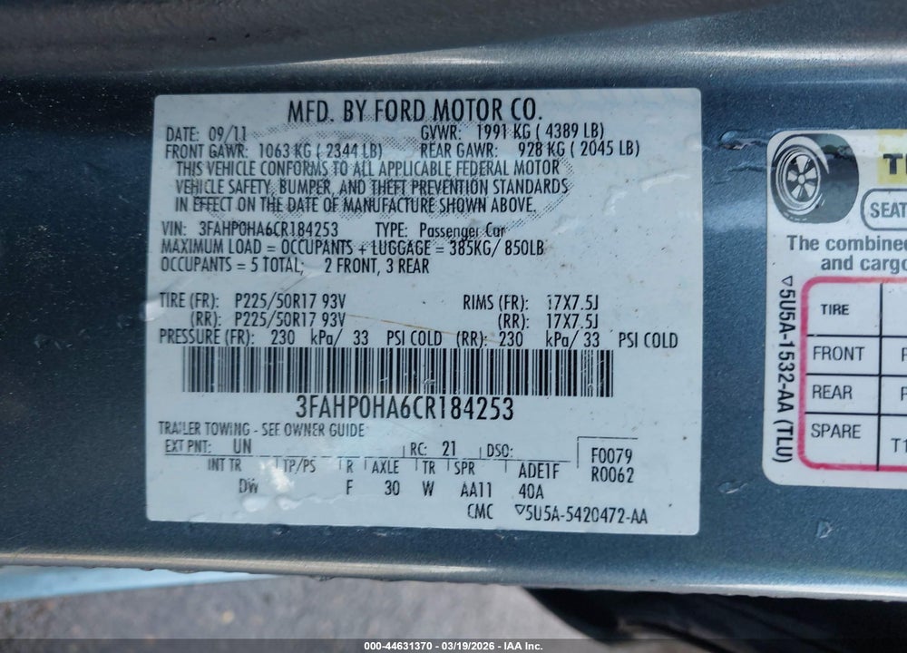 2012 FORD FUSION SE VIN: 3FAHP0HA6CR184253