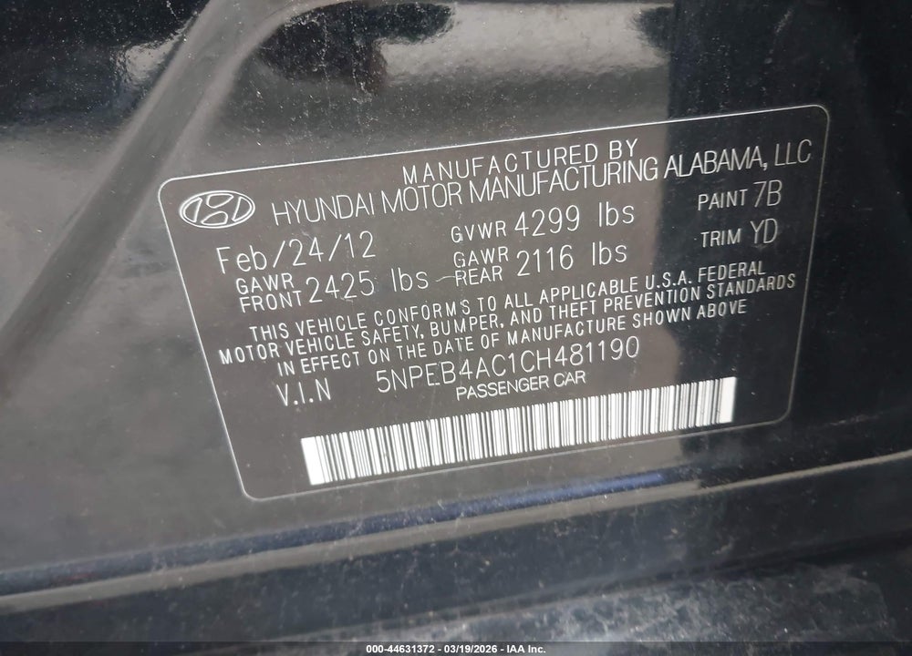 2012 HYUNDAI SONATA GLS VIN: 5NPEB4AC1CH481190
