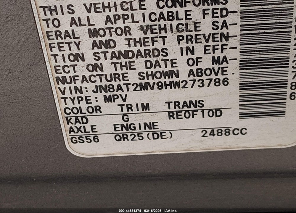 2017 NISSAN ROGUE SV VIN: JN8AT2MV9HW273786