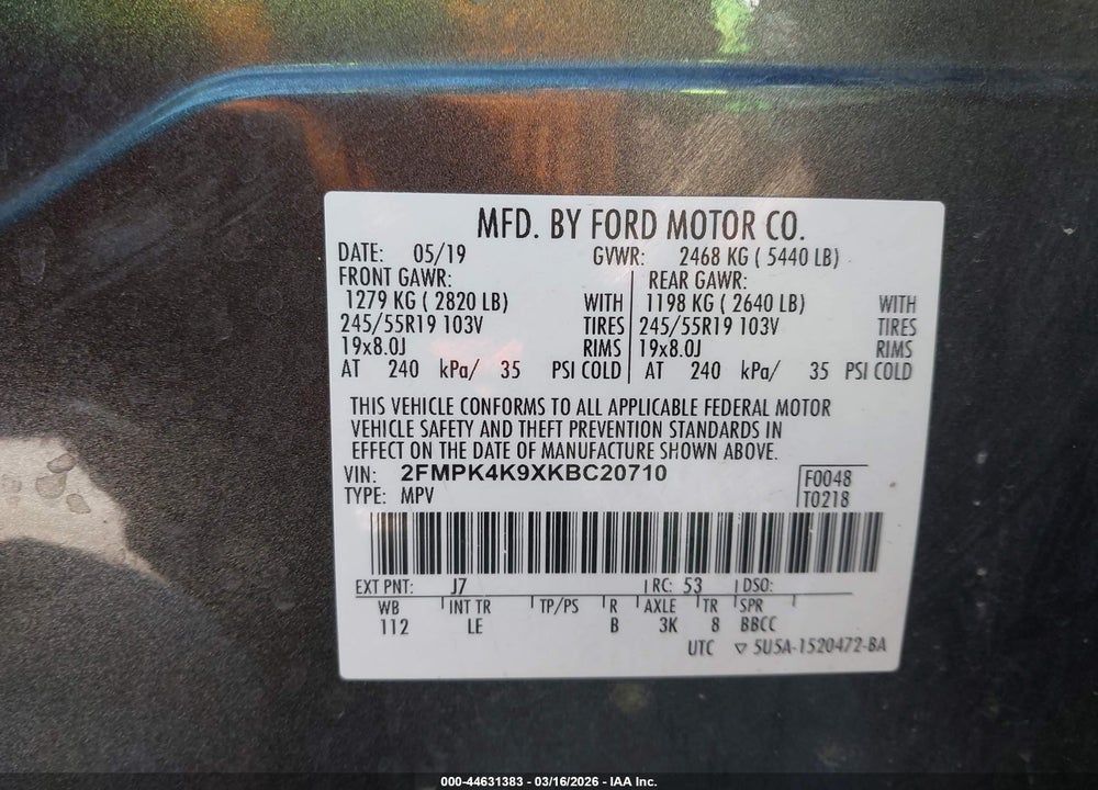 2019 FORD EDGE TITANIUM VIN: 2FMPK4K9XKBC20710