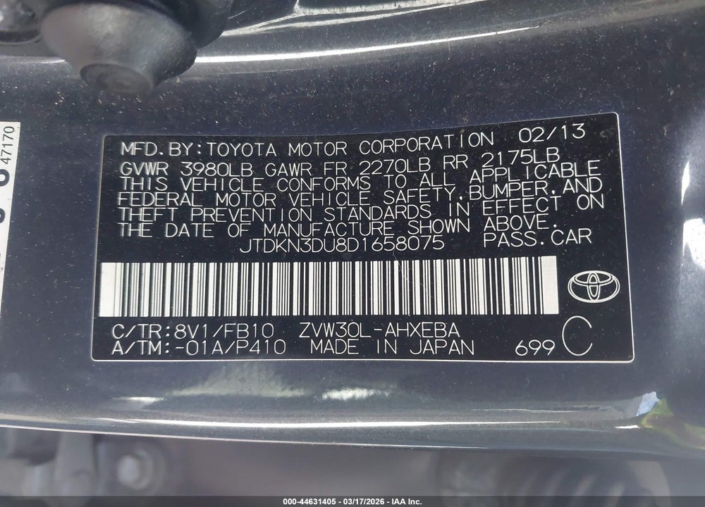 2013 TOYOTA PRIUS TWO VIN: JTDKN3DU8D1658075