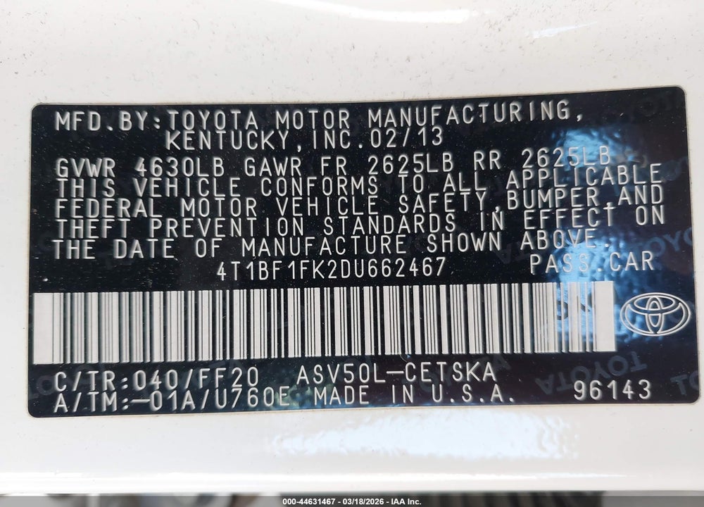 2013 TOYOTA CAMRY SE VIN: 4T1BF1FK2DU662467