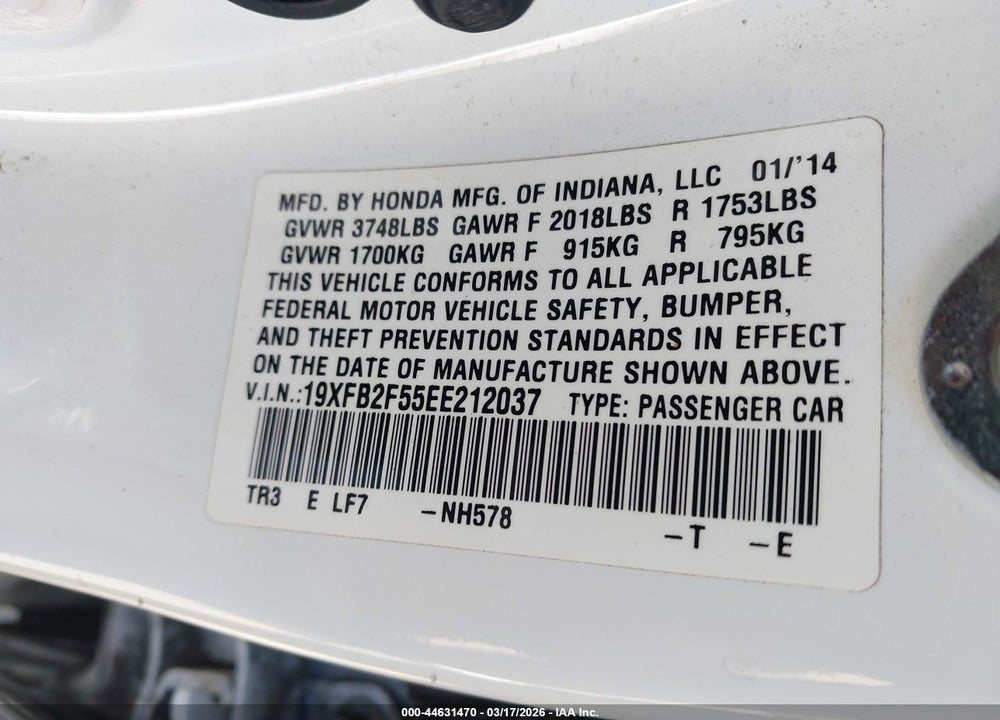 2014 HONDA CIVIC LX VIN: 19XFB2F55EE212037