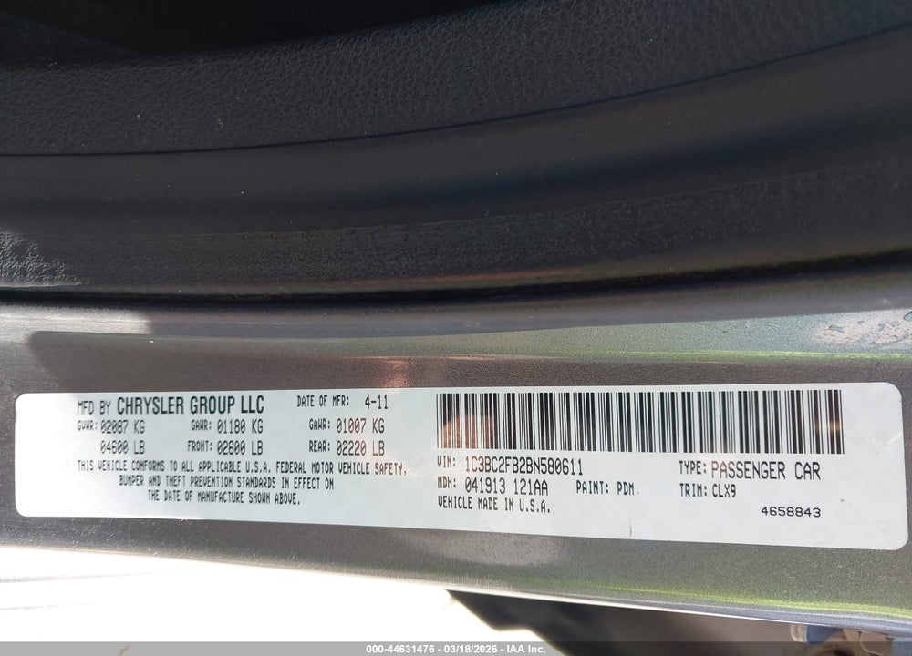 2011 CHRYSLER 200 LIMITED VIN: 1C3BC2FB2BN580611