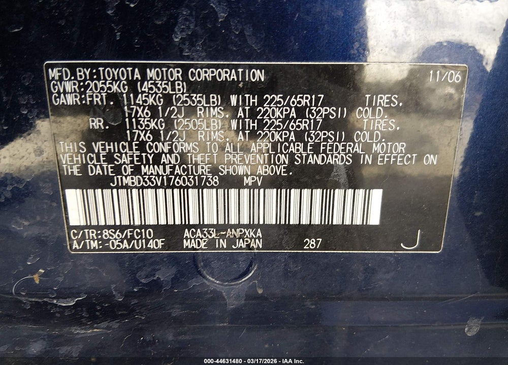 2007 TOYOTA RAV4 VIN: JTMBD33V176031738