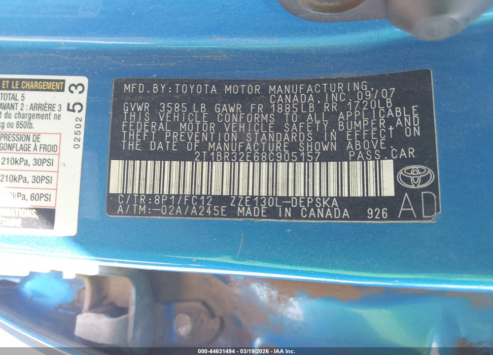 2008 TOYOTA COROLLA S VIN: 2T1BR32E68C905157
