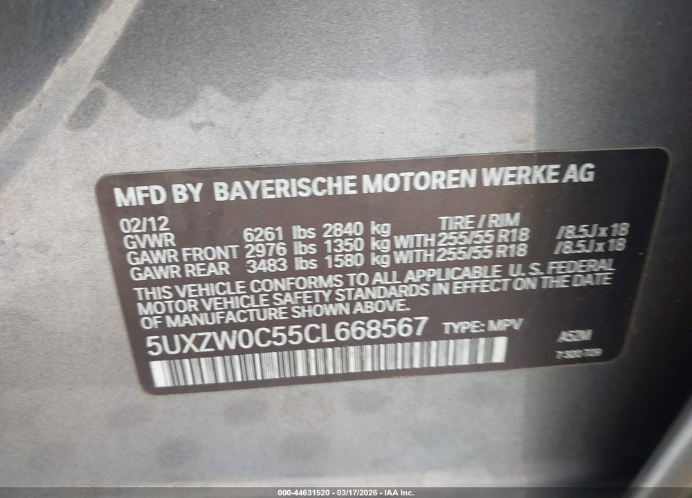 2012 BMW X5 XDRIVE35D VIN: 5UXZW0C55CL668567