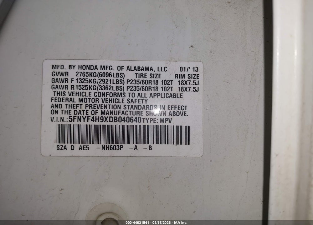 2013 HONDA PILOT TOURING VIN: 5FNYF4H9XDB040640