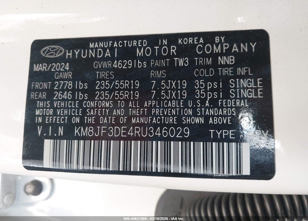 2024 HYUNDAI TUCSON XRT VIN: KM8JF3DE4RU346029