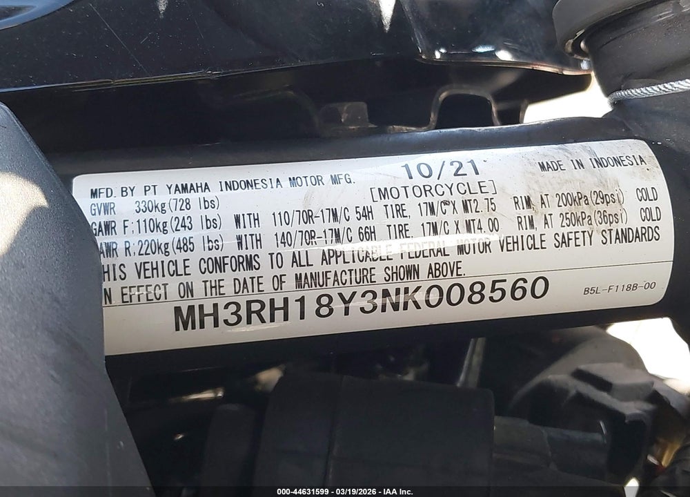 2022 YAMAHA YZFR3 A VIN: MH3RH18Y3NK008560