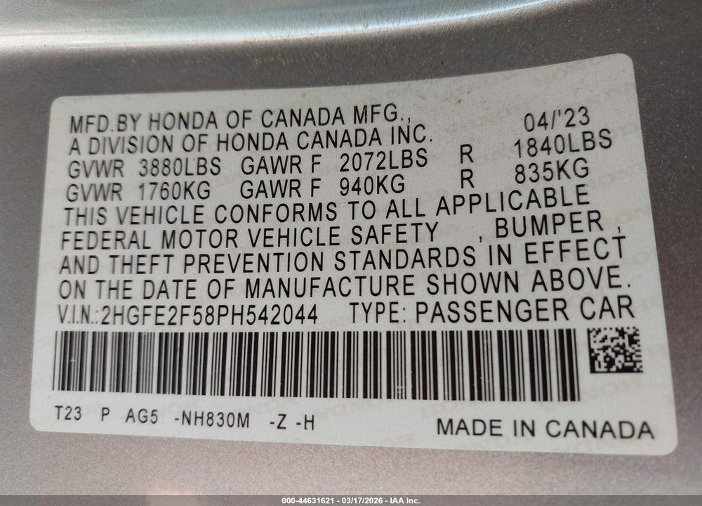 2023 HONDA CIVIC SPORT VIN: 2HGFE2F58PH542044