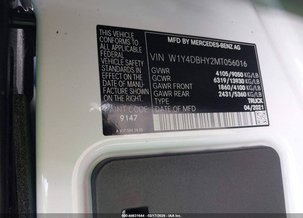 2021 MERCEDES-BENZ SPRINTER 2500 STANDARD ROOF I4 DIESEL VIN: W1Y4DBHY2MT056016