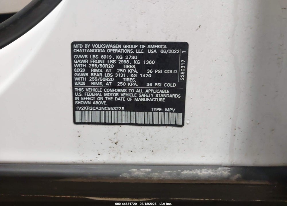 2022 VOLKSWAGEN ATLAS 3.6L V6 SE W/TECHNOLOGY VIN: 1V2KR2CA2NC553235