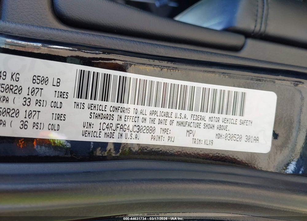 2018 JEEP GRAND CHEROKEE ALTITUDE 4X4 VIN: 1C4RJFAG4JC302880