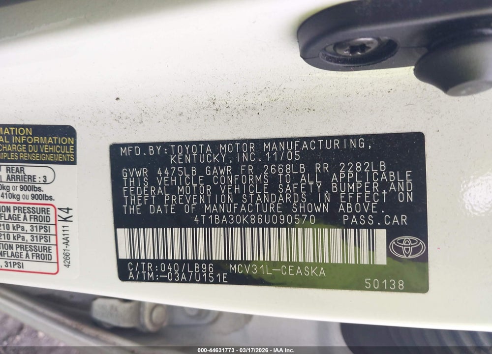 2006 TOYOTA CAMRY SE V6 VIN: 4T1BA30K86U090570