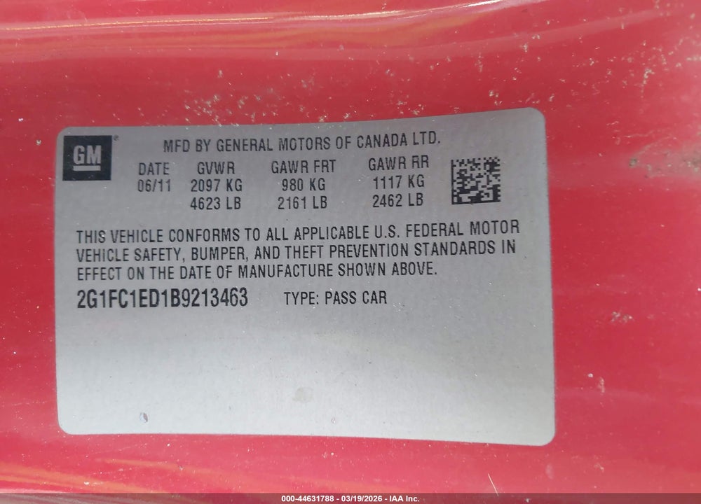 2011 CHEVROLET CAMARO 2LT VIN: 2G1FC1ED1B9213463