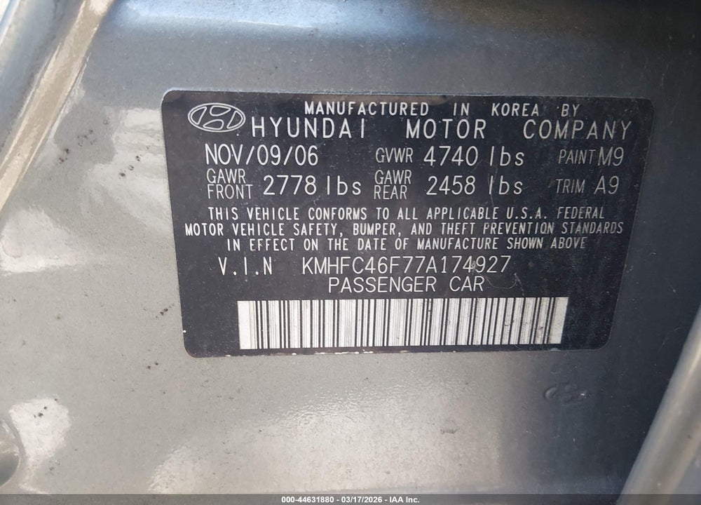 2007 HYUNDAI AZERA LIMITED/SE VIN: KMHFC46F77A174927