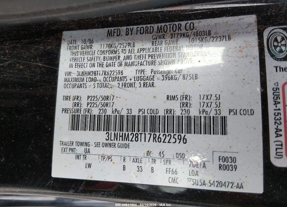 2007 LINCOLN MKZ VIN: 3LNHM28T17R622596