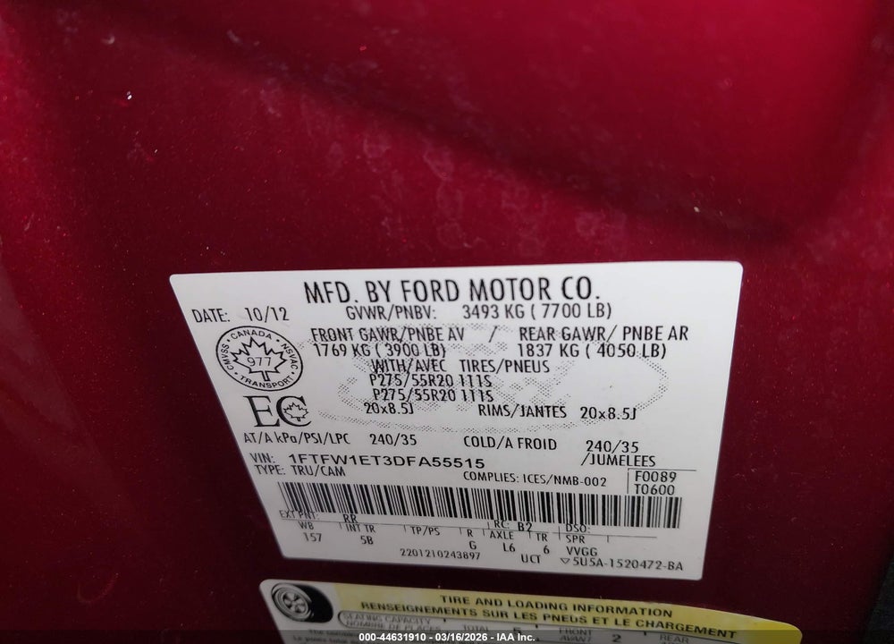 2013 FORD F-150 FX4 VIN: 1FTFW1ET3DFA55515
