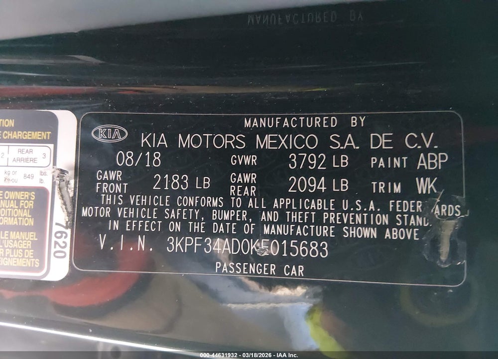 2019 KIA FORTE S VIN: 3KPF34AD0KE015683