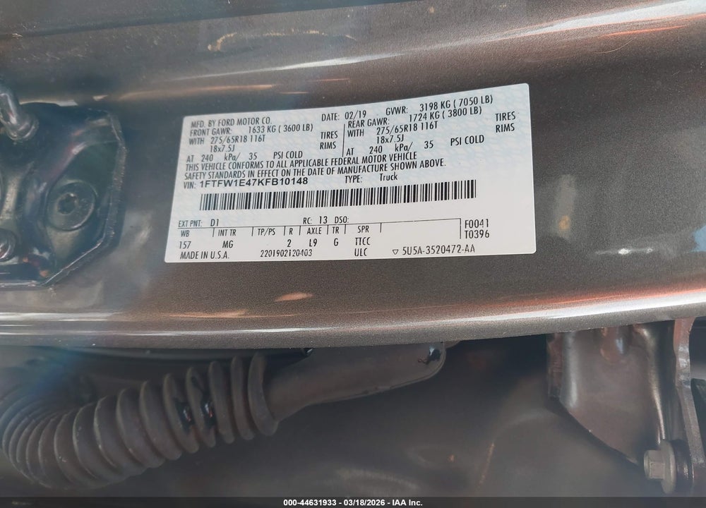 2019 FORD F-150 XLT VIN: 1FTFW1E47KFB10148