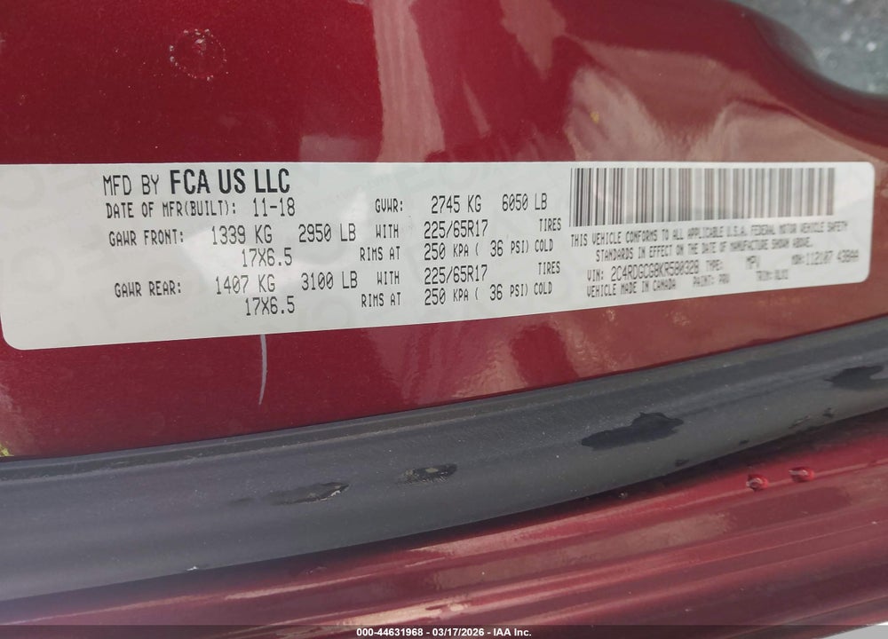2019 DODGE GRAND CARAVAN SXT VIN: 2C4RDGCG8KR580328