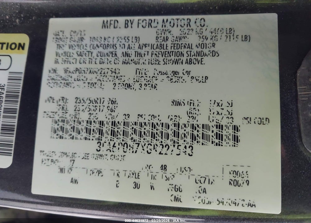 2016 FORD FUSION SE VIN: 3FA6P0H7XGR227543