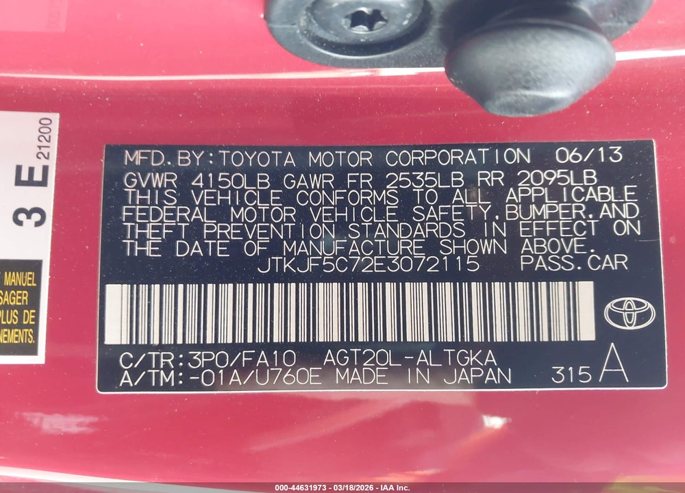 2014 SCION TC VIN: JTKJF5C72E3072115