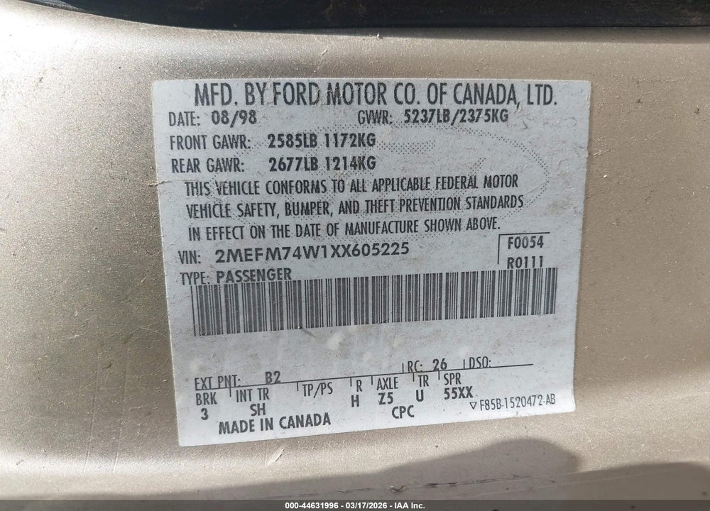 1999 MERCURY GRAND MARQUIS GS VIN: 2MEFM74W1XX605225