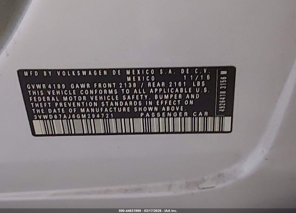 2016 VOLKSWAGEN JETTA 1.4T SE VIN: 3VWD67AJ6GM294721