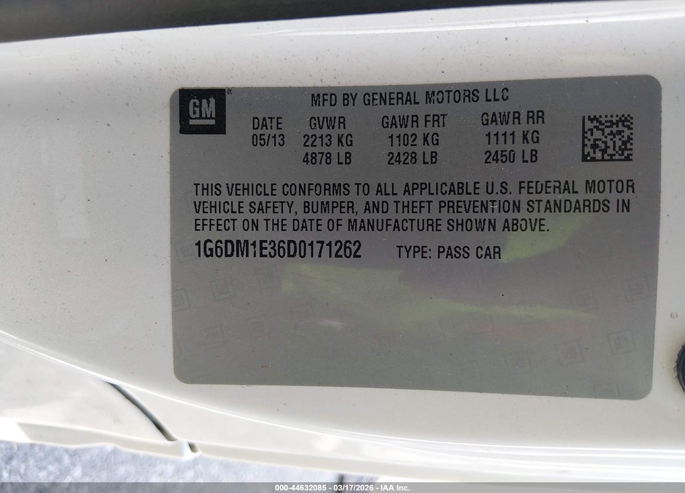 2013 CADILLAC CTS PERFORMANCE VIN: 1G6DM1E36D0171262