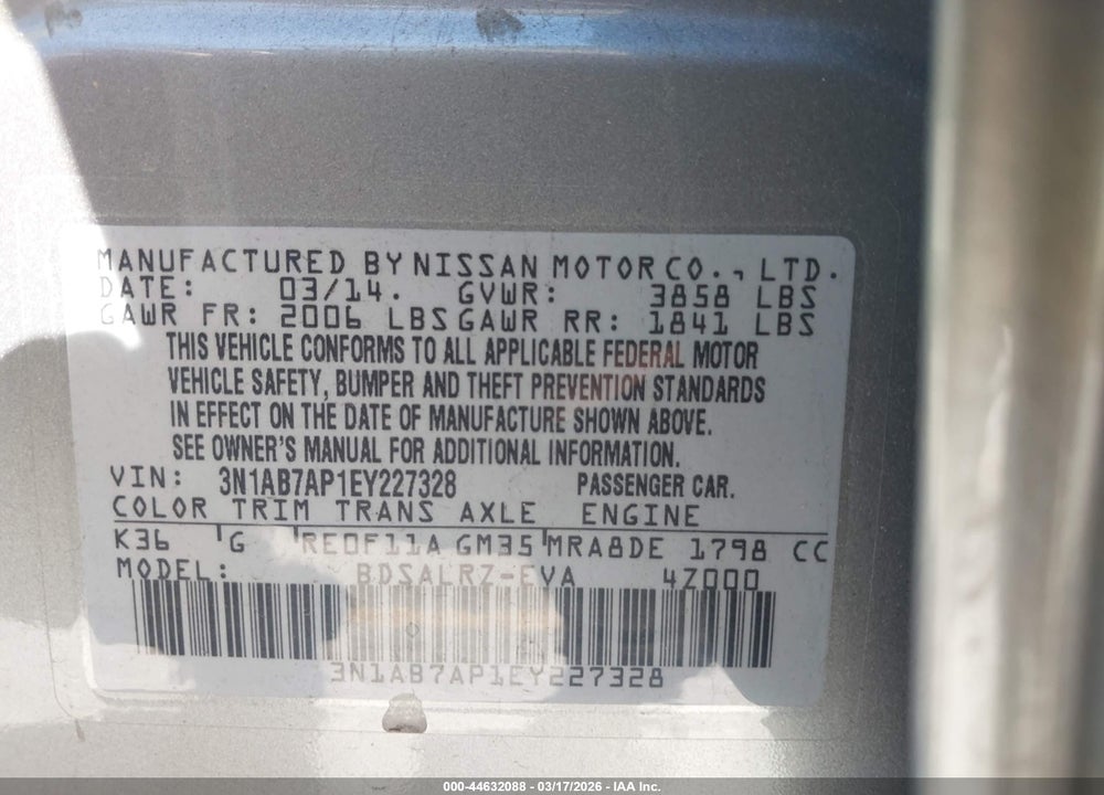 2014 NISSAN SENTRA SR VIN: 3N1AB7AP1EY227328